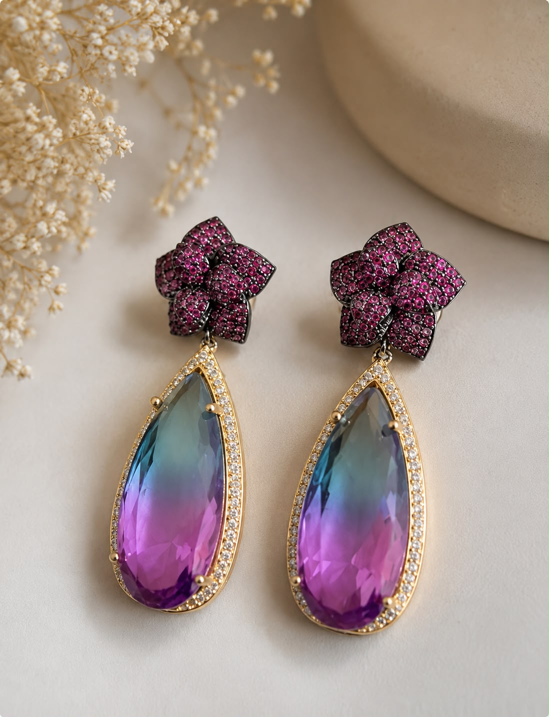 brincos Cristal Pink e Esmeralda